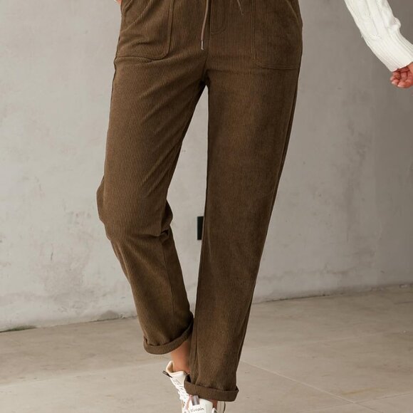 Corduroy Pants for Women Casual Drawstring Elastic High Waist Straight Leg Pants - Picture 6 of 6